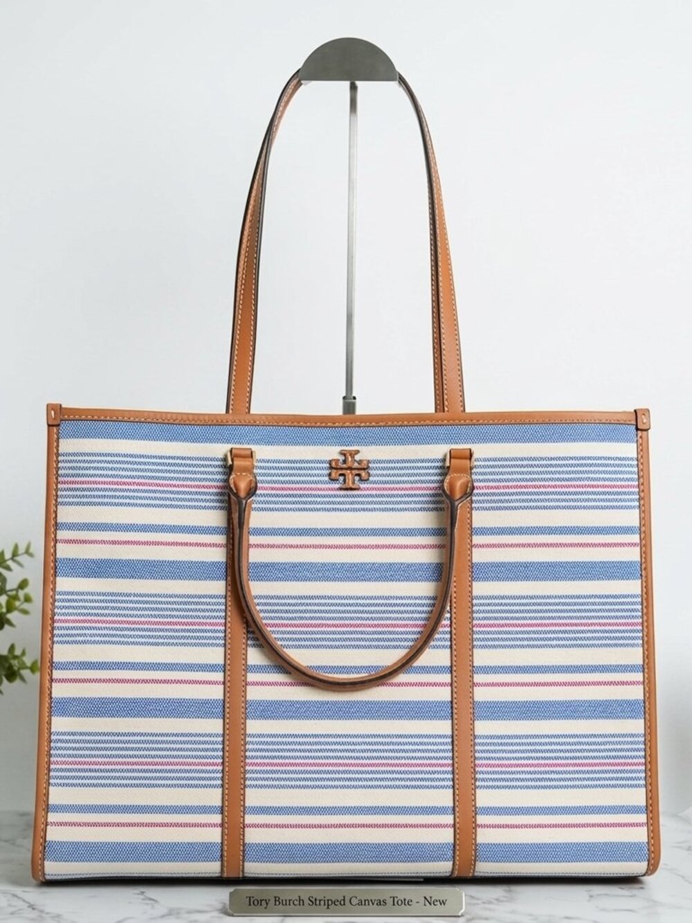 Tory Burch Blake Stripe Canvas Jumbo Tote 175964 Multi/Walnut NWT